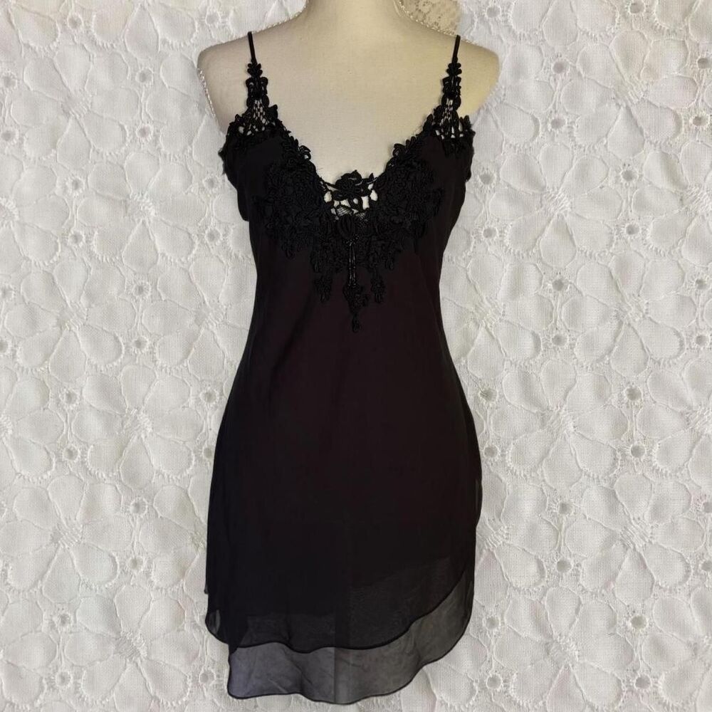 Vintage 90s Cacique Black Lace Beaded Slip Dress Lingerie Asymmetrical Hem